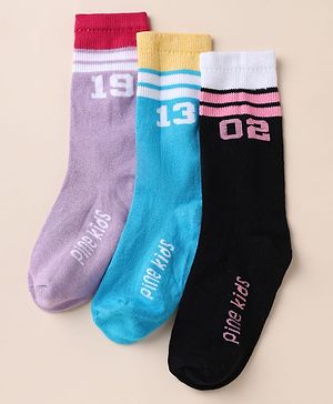 Pine Kids Cotton Mix Knit Set of Socks Below Knee Length With Text Design Pack of 3 - Blue Black Purple