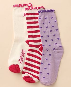 Pine Kids Cotton Nylon Knit Below Knee Length Socks With Stripe Design Pack Of 3 - Red Purple & Cream