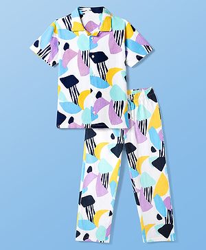 Pine Kids 100% Cotton Knit with Washed Single Jersey 180 GSM Half Sleeves Co-ord Shirt & Pajama with Abstract Print - White