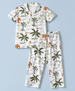 Pine Kids 100% Cotton Bio Washed Single Jersery 180 GSM Knit Half Sleeves Co-ord Shirt & Pajama Night Suit with Trees Print - White