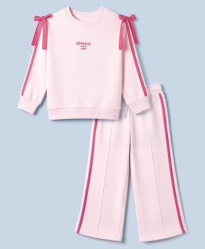 Pine Kids Looper Knit Full Sleeves Top & Pant Set With Text Print & Bow Applique - Pink