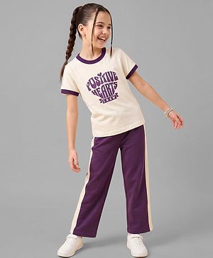 Pine Kids Single Jersey Knit Half Sleeves T-Shirt & Pant Set with Positive Hearts Text Print - Off White