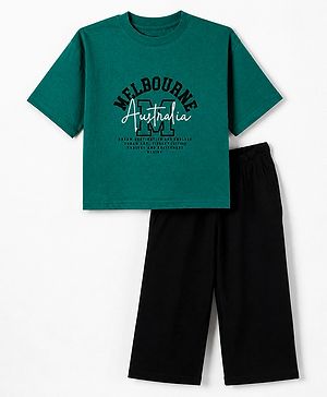 Pine Kids 100% Cotton Bio Washed Knit Co-ord T-Shirt & Pyjama Night Suit With Melbourne Text in Green
