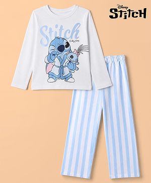 Pine Kids Disney 100% Cotton Single Jersey Knit Full Sleeves T-Shirt & Pajama Night Suit with Stripes & Stitch Graphic Print - Light Blue