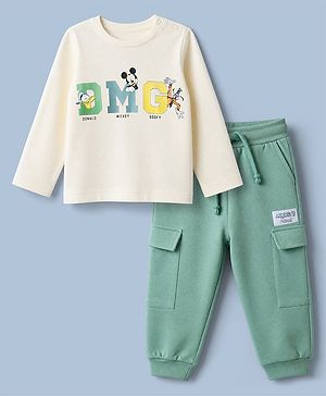 Bonfino Disney 100% Cotton Interlock Knit Full Sleeves T-Shirt & Joggers Set With Mickey Mouse Graphic & Text Print - Light Green