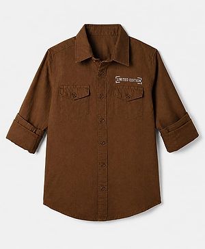 Pine Kids 100% Cotton Woven Shirt with Full Sleeves and Limited Edition Embroidery - Brown