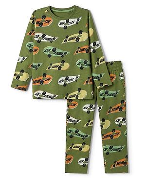 Pine Kids 100% Cotton Bio Washed Single Jersery 180 Gsm Full Sleeves Co-ord T-Shirt & Pajama Night Suit with New York California Hawaii Brooklyn Text on Skateboard Print - Olive Green
