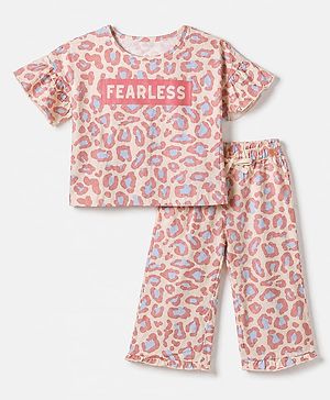 Pine Kids 100% Cotton Bio Washed Single Jersery 180 GSM Knit Half Sleeves Co-ord Top & Pajama Night Suit with Frill Detail & Fearless Text & Abstract All Over Print - Pink