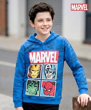 Pine Kids Marvel 100% Cotton Terry Knit Hoodie with Full Sleeves and Marvel Characters Print in Blue for 4-5 Years