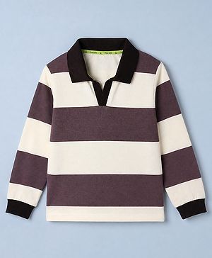 Pine Kids Cotton Knit Full Sleeves T-Shirt with Striped Print in Offwhite