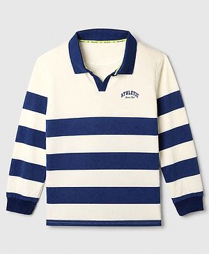 Pine Kids Cotton Knit Full Sleeves Polo T-Shirt with Striped Print and Athletic Sports Club Embroidery in Offwhite