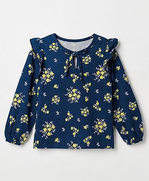Pine Kids 100% Cotton Knit Top With Full Sleeves And Floral Print - Navy Blue