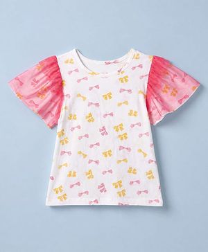 Pine Kids 100% Cotton Knit Top with Half, Frill Sleeves and Bow Print in White