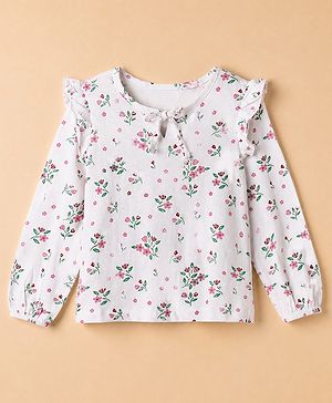 Pine Kids 100% Cotton Knit Top With Full Sleeves And Floral Print - White