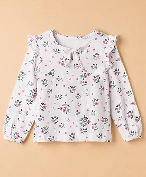 Pine Kids 100% Cotton Knit Top With Full Sleeves And Floral Print - White