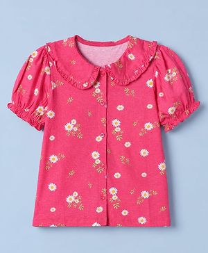 Pine Kids 100% Cotton Knit Top with Half, Puffed Sleeve and Floral Print in Pink