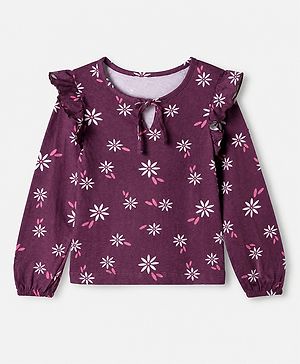 Pine Kids 100% Cotton Knit Top with Full Sleeves and Floral Print in Plum for 4-5 Years