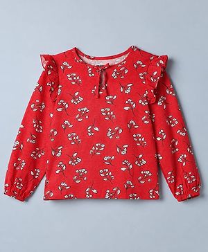 Pine Kids 100% Cotton Knit Top with Full Sleeves and Floral Print in Red for 4-5 Years