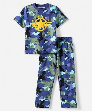 Pine Kids 100% Cotton Bio Washed Single Jersey 180 GSM Knit Half Sleeves T-Shirt & Pyjama Night Suit with Camouflage Print - Blue