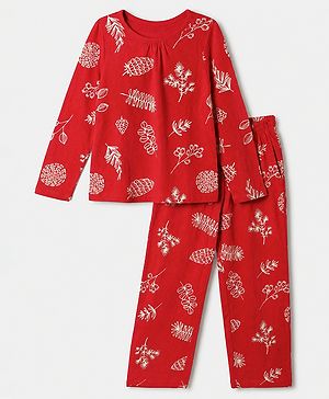 Pine Kids 100% Cotton Bio Washed Single Jersey 180 GSM Knit Full Sleeves Co-Ords Top & Pyjama Night Suit with Tropical Print - Red