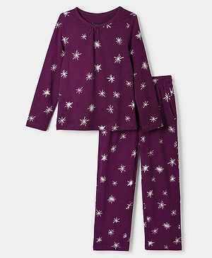 Pine Kids 100% Cotton Knit Co-ord T-Shirt & Pyjama Night Suit with Star Print in Wine