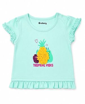 nuberry Cotton Knit Sleeveless Tropical Theme Printed Top - Aqua Blue