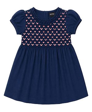 nuberry Cotton Woven Half Sleeves Smocked Detailed Floral Embroidered Dress - Navy Blue