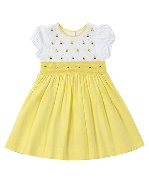 nuberry Cotton Woven Half Sleeves Smocked Detailed Floral Embroidered Dress - Yellow
