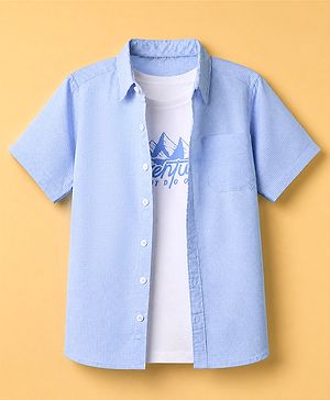 Pine Kids 100% Cotton Woven Shirt and Tank Top with Half Sleeves and Mountains Print in Light/Sky Blue for 4-5 Years