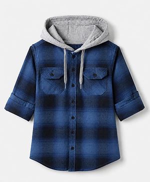 Pine Kids 100% Cotton Woven Hooded Checked Shirt with Full Sleeves - Blue