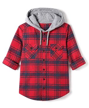 Pine Kids 100% Cotton Woven Hooded Shirts with Full Sleeves and Tartan Checks Print in Red