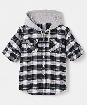 Pine Kids 100% Cotton Woven Hooded Checked Shirt with Full Sleeves - Green