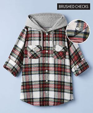 Pine Kids 100% Cotton Woven Full-Sleeves Checked Shirt With Hoodie - Red
