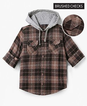 Pine Kids 100% Cotton Woven Hooded Shirts with Full Sleeves and Tartan Checks Print in Brown for 4-5 Years