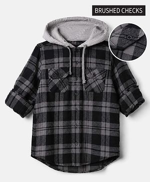 Pine Kids 100% Cotton Woven Hooded Shirts with Full Sleeves and Buffalo Checks Print in Grey