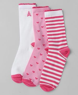 Pine Kids Cotton Knit Mid Calf Length Stripes Socks With Heart Design Pack Of 3 -Pink & White