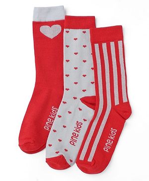 Pine Kids Cotton Knit Mid Calf Length Striped Socks With Heart Design Pack Of 3 -Red