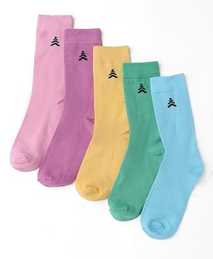 Pine Kids Cotton Knit Mid Calf Length Solid Socks Pack Of 5 - Blue Green Yellow Purple & Plum