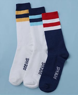 Pine Kids Cotton Mix Knit Below Knee Length Striped Socks Pack of 3 - White