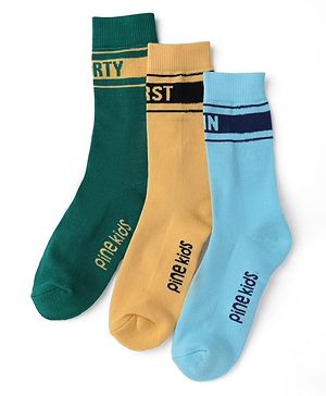 Pine Kids Cotton Knit Mid Calf Length Socks With Pine Kids Text Design Pack Of 3 -Blue Green & Mustard