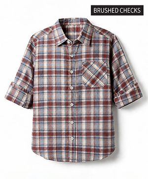 Pine Kids 100% Cotton Woven Full Sleeves Tartan Checkered Shirt - Beige