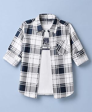 Pine Kids 100% Cotton Woven Full Sleeves Tartan Plaid Checks Shirt With Text Printed Tank Tee - White
