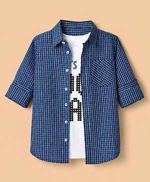 Pine Kids 100% Cotton Woven Half Sleeves Checked Shirt and T-Shirt with Good Day Text Print in Blue