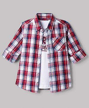 Pine Kids 100% Cotton Woven Full Sleeves Tartan Checks Shirt and Tank Top with Street Competition Print - Red