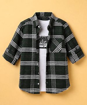 Pine Kids 100% Cotton Woven Full Sleeves Shirt and Tank Top Set with Full Sleeves and New York City N.Y.C New York City Legend Forever Atheletic Team Print in Olive Green for 4-5 Years
