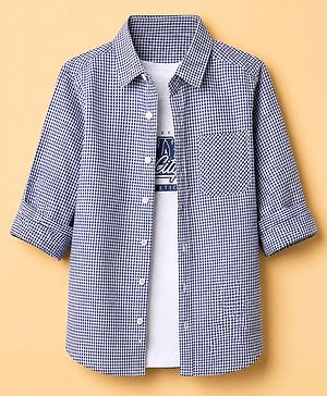 Pine Kids 100% Cotton Woven Shirt and Tank Top Set with Full Sleeves and N.Y. City Athletics Print in Blue for 4-5 Years