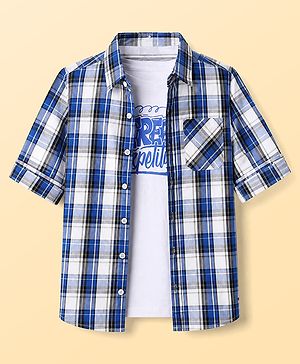 Pine Kids 100% Cotton Woven Full Sleeves Shirt and Tank Top in Blue