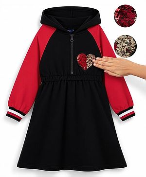 Pine Kids 100% Cotton Knit Winter Frock with Full Raglan Sleeves, Hooded Neck and Heart Sequins in Black