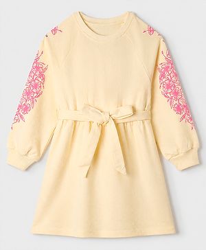 Pine Kids 100% Cotton Knit Winter Frock with Full Raglan Sleeves and Floral Print in Cream