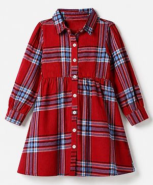 Pine Kids 100% Cotton Woven Knee Length Frock with Full Sleeves and Tartan Plaid Print in Red